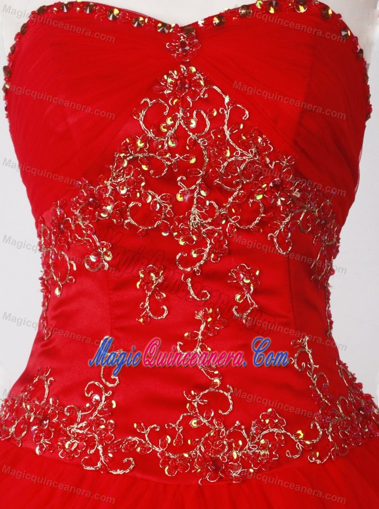 Red Appliques Strapless Beading Floor-length Quinceanera Gowns Dresses