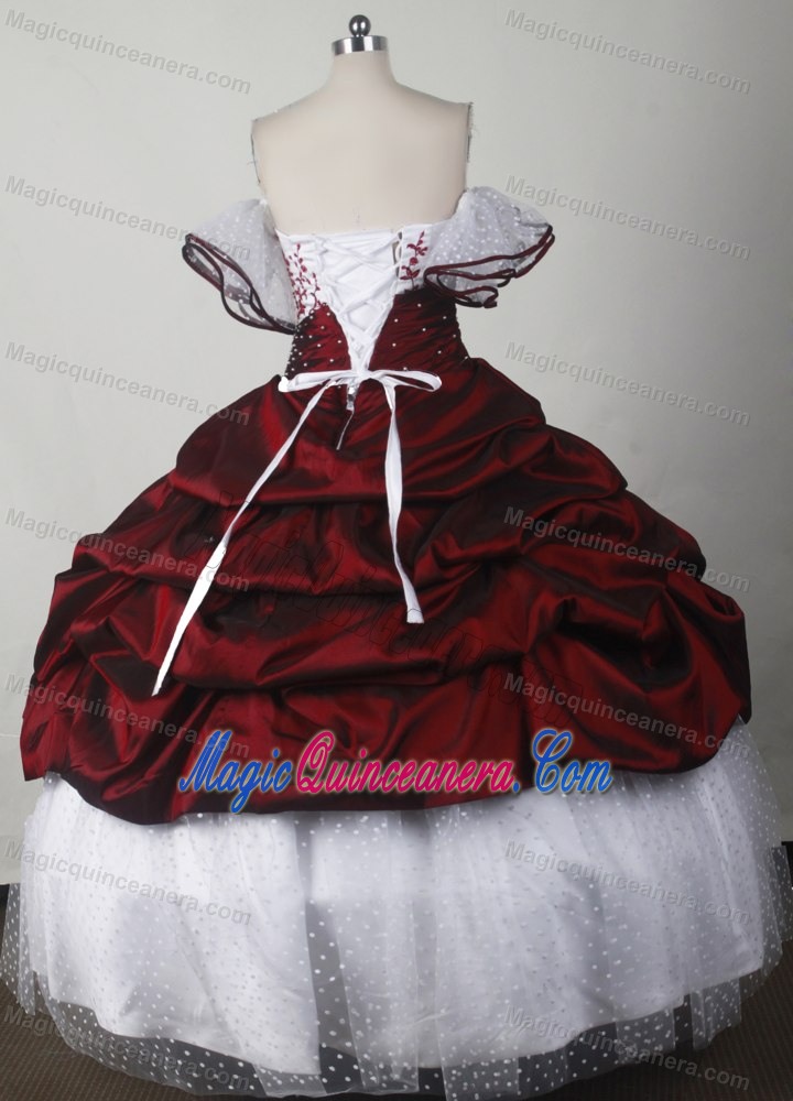 Pick-ups Burgundy Strapless Taffeta Quinceanera Dress with Appliques