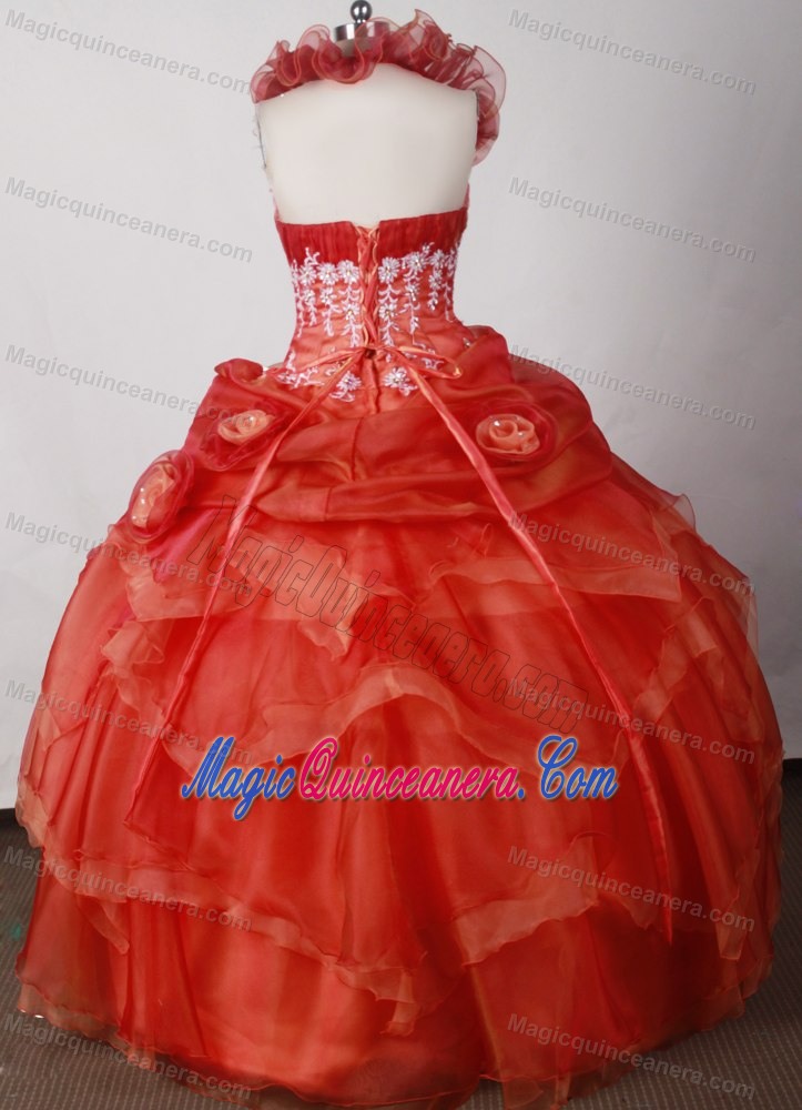 Halter Floor-length Beading Orange Red Ruffled Layers Quince Dresses