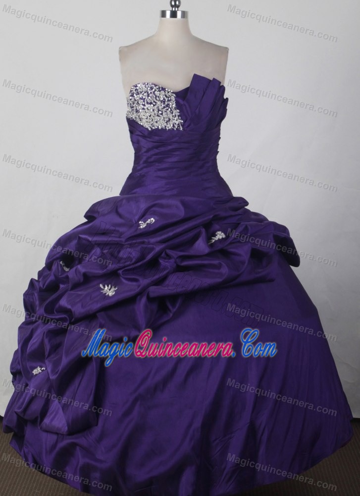 Strapless Taffeta Beading Pick-ups Quinceanera Dress in Dark Purple
