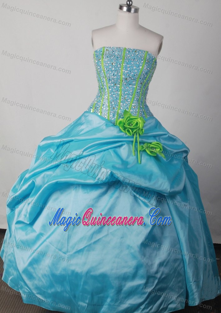 Beading Strapless Taffeta Quinceanera Dress in Blue with Hand Made Flowers