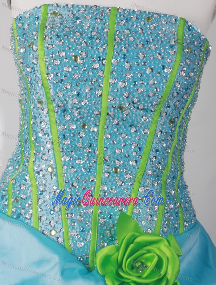 Beading Strapless Taffeta Quinceanera Dress in Blue with Hand Made Flowers