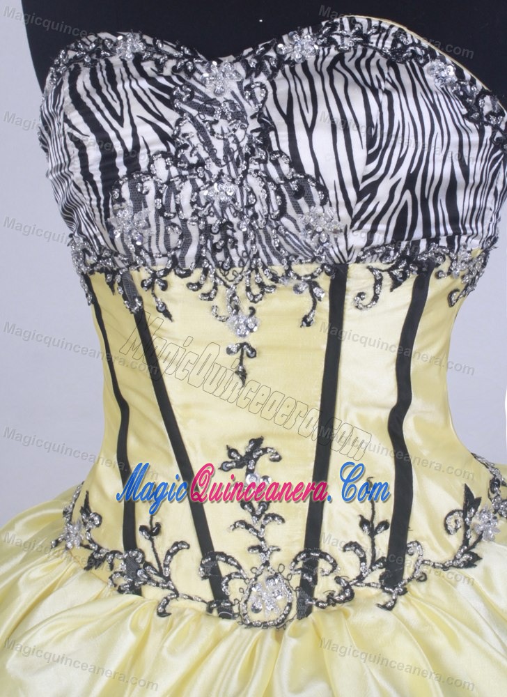 Yellow Sweetheart Taffeta and Zebra Quinceanera Dress with Appliques