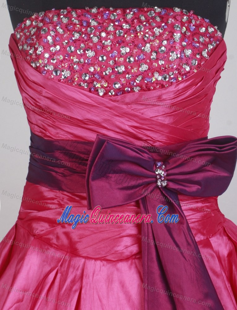 Coral Red Beading Sweet 16 Dresses with Purple Sash and Bowknot
