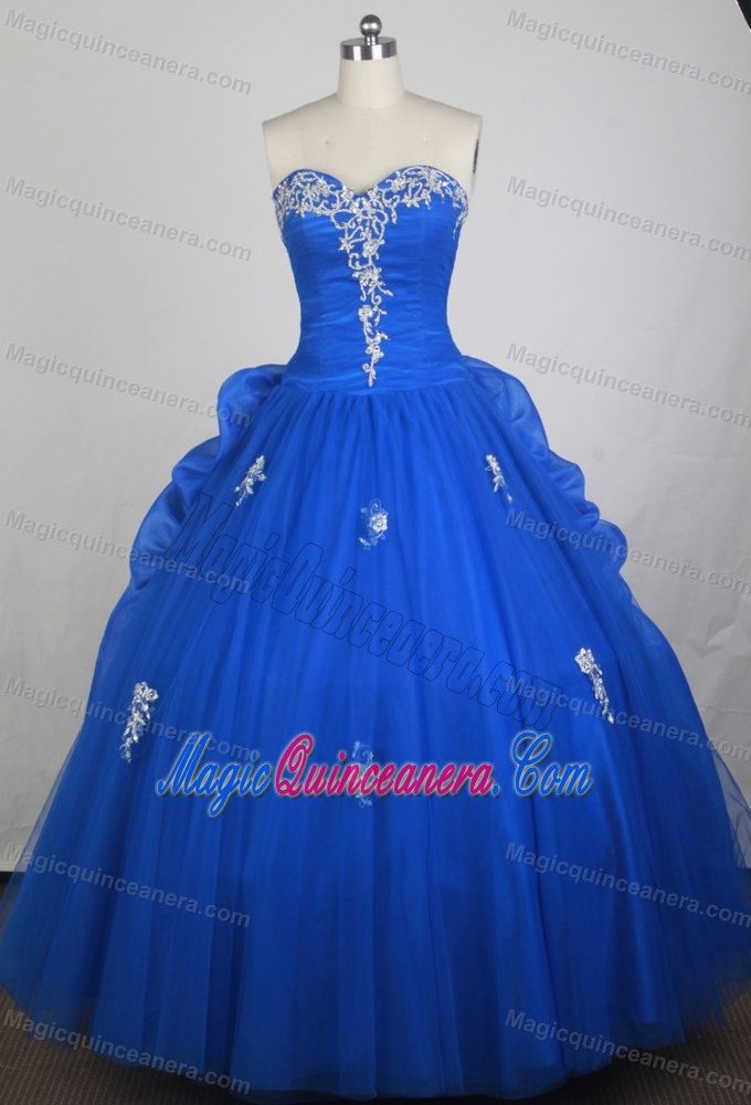 Royal Blue Quinceanera Dress with White Appliques and Ruffles Back