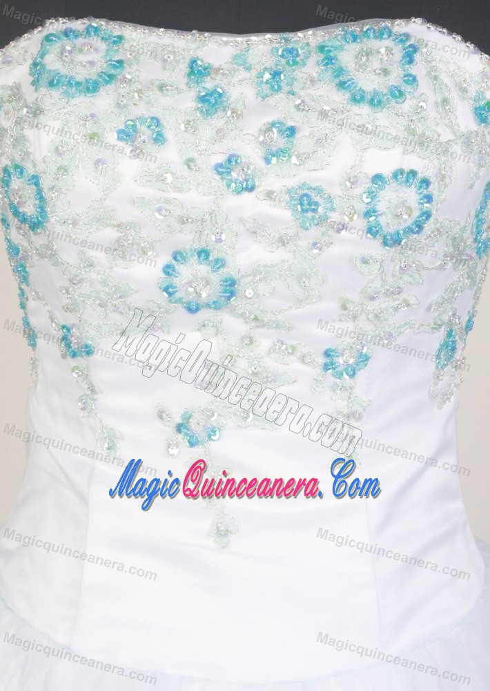 White 2013 Quinceanera Dress Decorated with Blue Beading Pattern