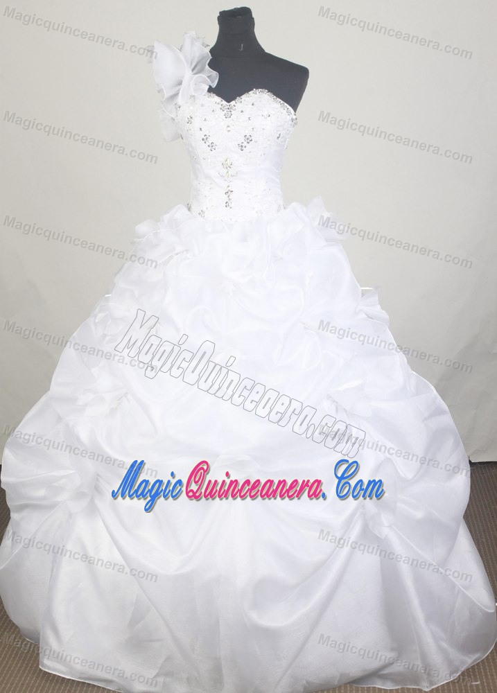 One Shoulder with Ruffles and Beaded Quinceanera Dress in White
