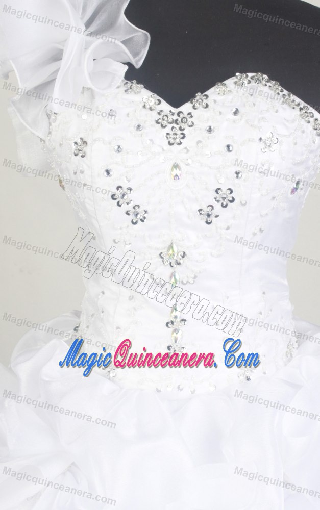 One Shoulder with Ruffles and Beaded Quinceanera Dress in White