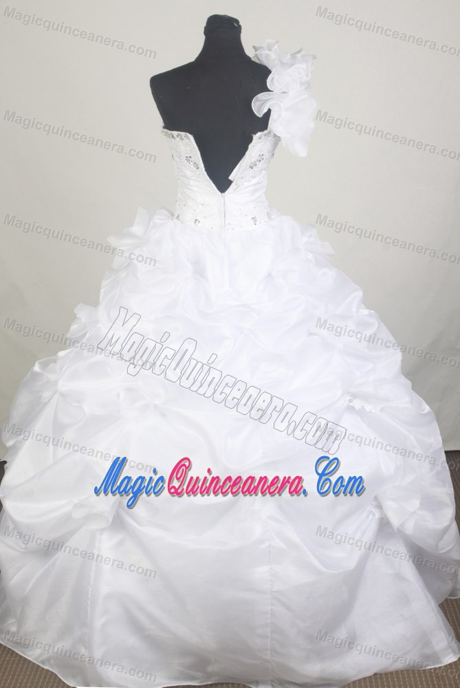 One Shoulder with Ruffles and Beaded Quinceanera Dress in White