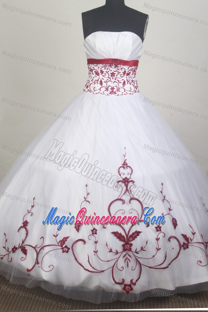 White Quinceanera Dress Embellished Red Appliques and Bustline