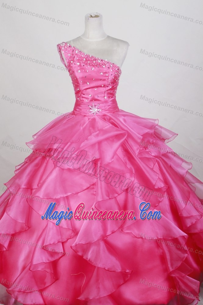 Asymmetrical One Shoulder Dresses of 15 in Hot Pink and Beading