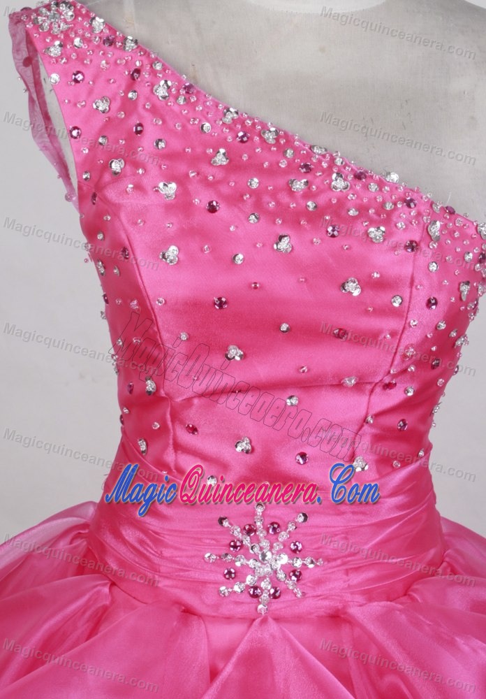 Asymmetrical One Shoulder Dresses of 15 in Hot Pink and Beading