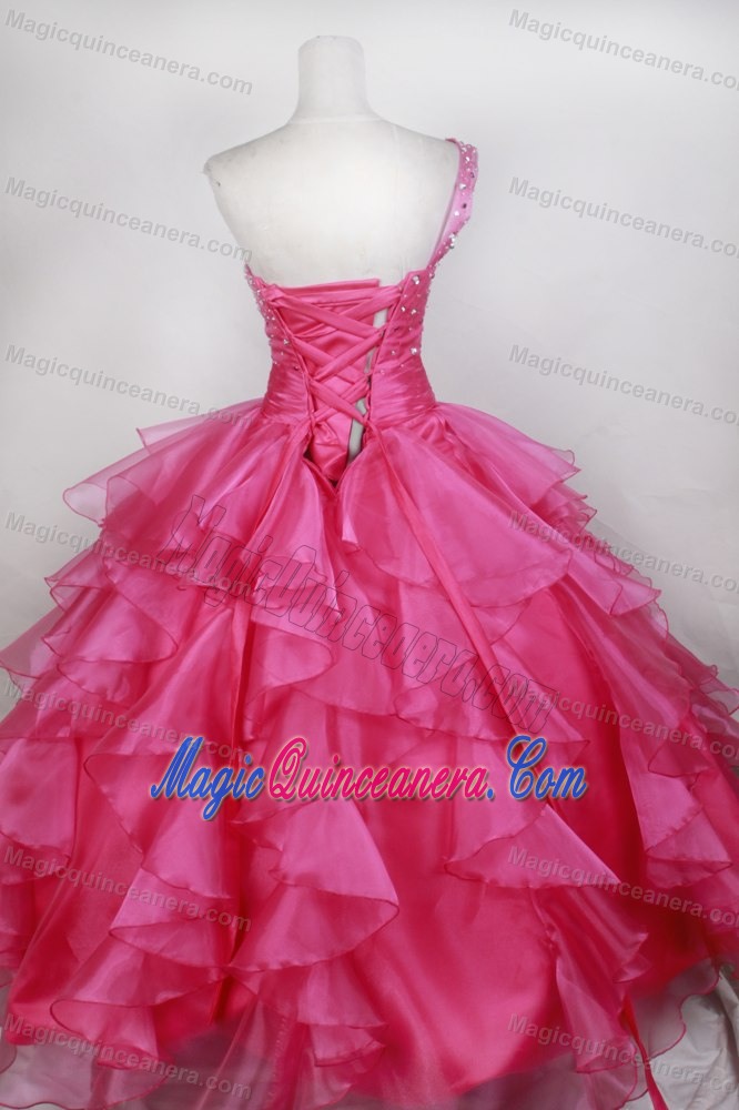 Asymmetrical One Shoulder Dresses of 15 in Hot Pink and Beading