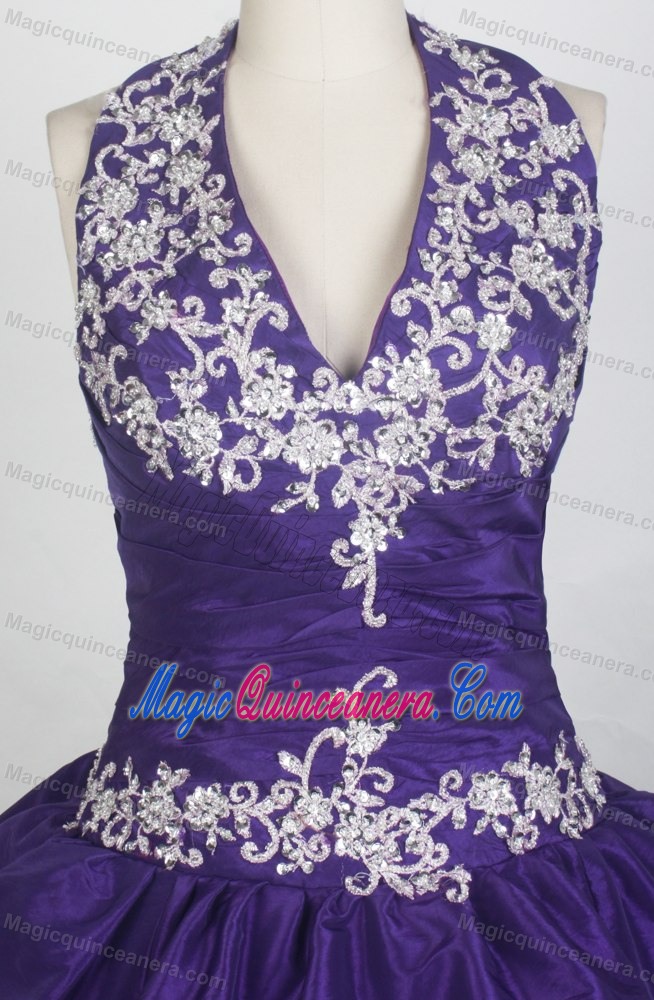 Halter White Appliques Ruched Quinceanera Dresses Gowns in Purple