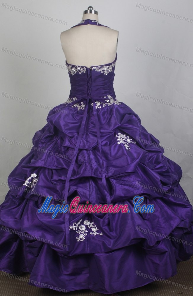 Halter White Appliques Ruched Quinceanera Dresses Gowns in Purple