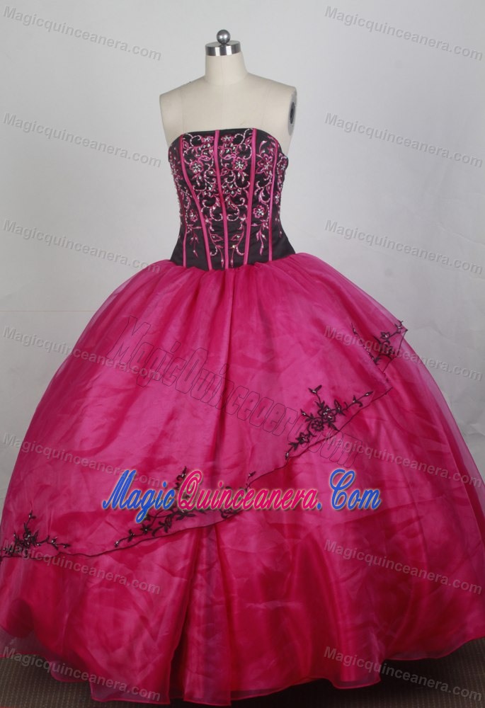 Hot Pink and Black Quincenera Dresses Embellished Boning Details
