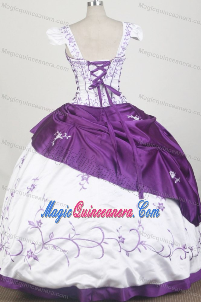 White and Purple Cap Sleeves and Square Neckline Sweet 15 Dresses