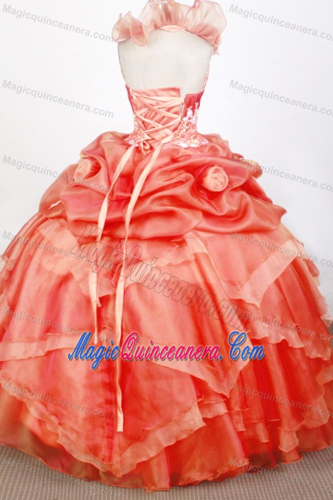 Watermelon Red Ruffled Halter 16 Dresses with Detachable Mini Skirt