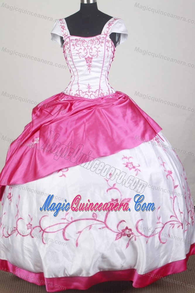 Cap Sleeves and Square Neckline 15 Dresses in White and Hot Pink