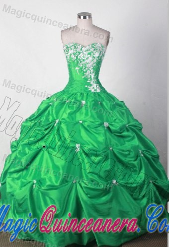 Green Pick-ups Quinceanera Gown Dresses with White Appliques