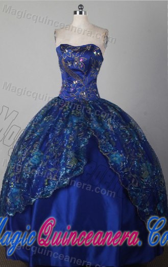 Floral Printing Lace Overlay with Slit Quinceanera Gown in Royal Blue