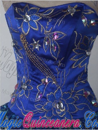 Floral Printing Lace Overlay with Slit Quinceanera Gown in Royal Blue