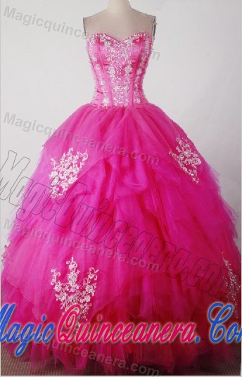 Boning Detail and White Appliques Dress for Quinceanera in Hot Pink