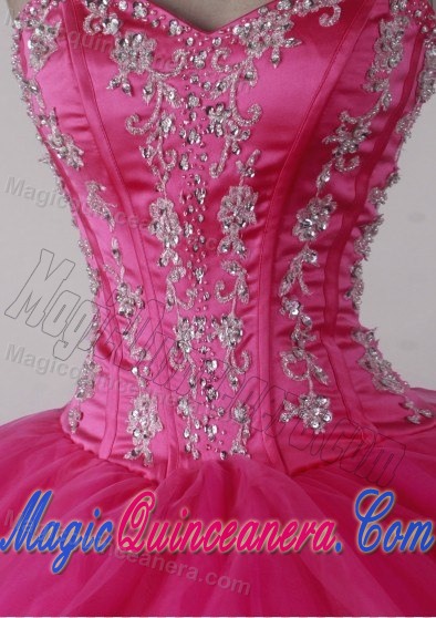 Boning Detail and White Appliques Dress for Quinceanera in Hot Pink
