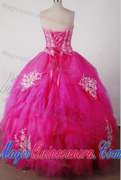 Boning Detail and White Appliques Dress for Quinceanera in Hot Pink