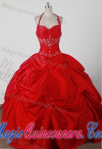 Halter Sweet Sixteen Quinceanera Dresses in Red Embellished Ruffles