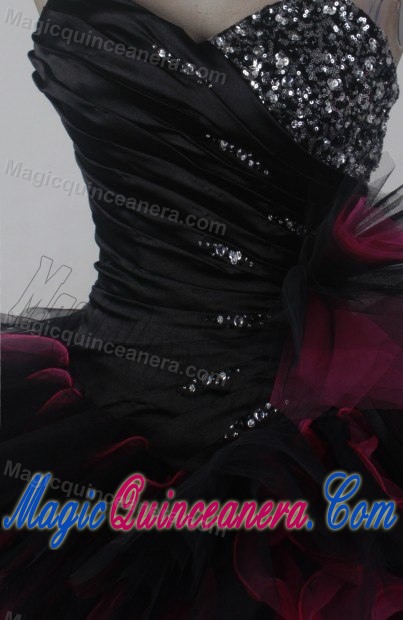 Hot Pink and Black Beading Quinceanera Dress with Ruching Bodice