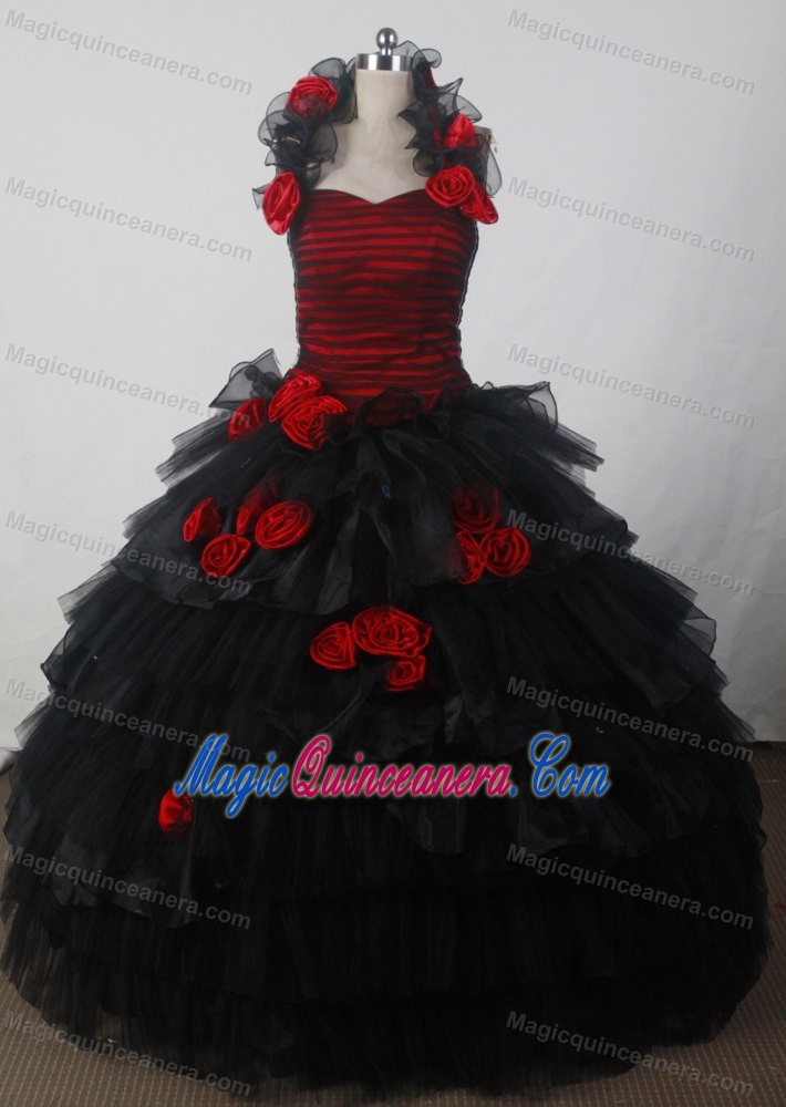 Tucks and Flower Halter and Tulle Sweet 15 Dresses in Black and Red