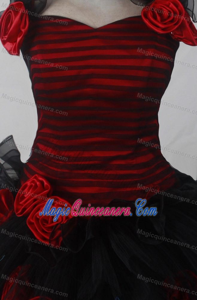 Tucks and Flower Halter and Tulle Sweet 15 Dresses in Black and Red