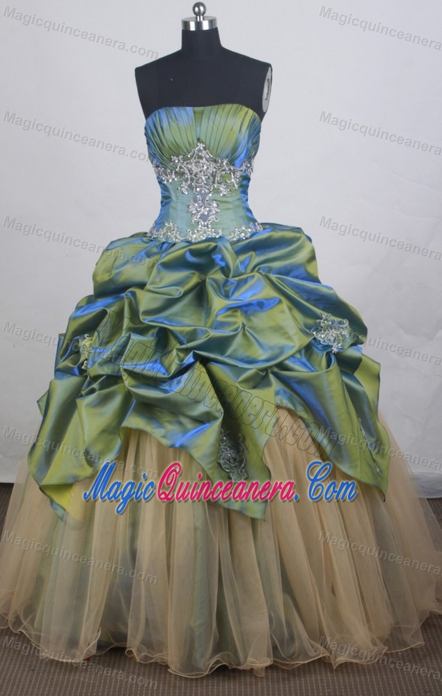 Green Appliques Sweet Sixteen Dresses Made in Taffeta and Organza