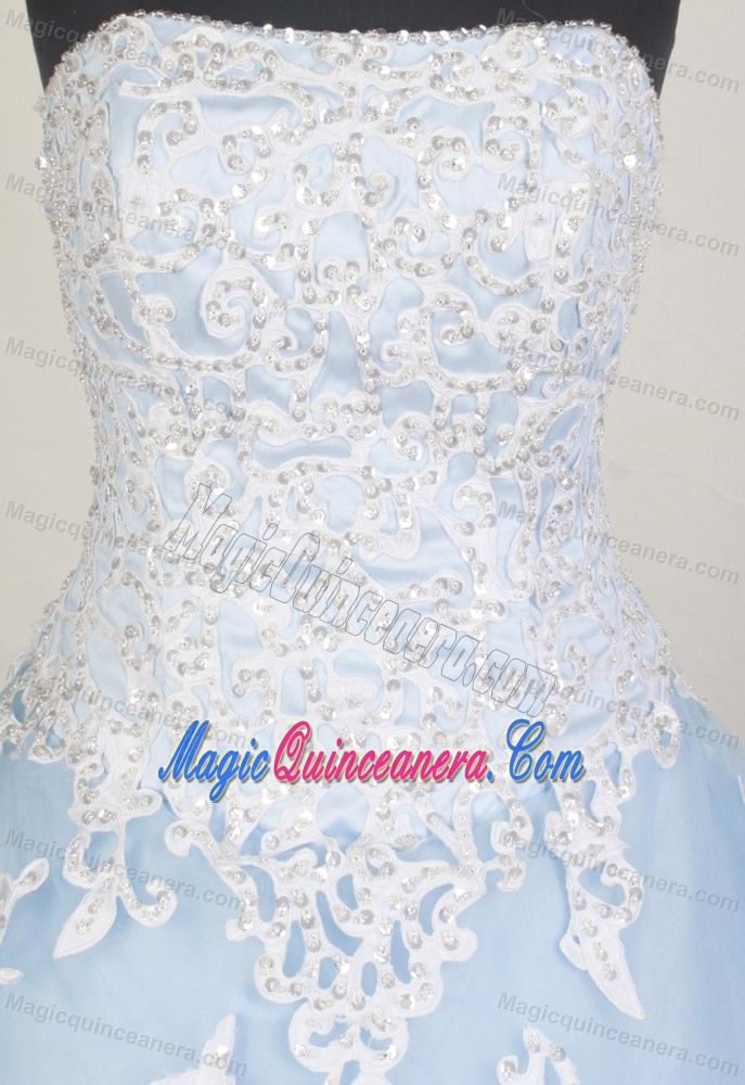 Full Appliques Top in White and Baby Blue Skirt for Sweet 15 Dresses