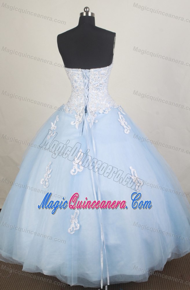 Full Appliques Top in White and Baby Blue Skirt for Sweet 15 Dresses