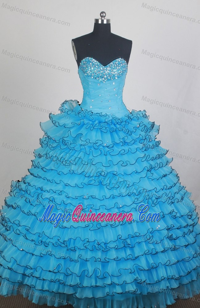Aqua Blue Dresses for A Quinceanera with Black Hemline and Layers