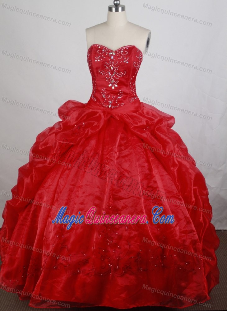 Red Sweep Train and Beading Sweet Sixteen Dresses with Slit Ruffles