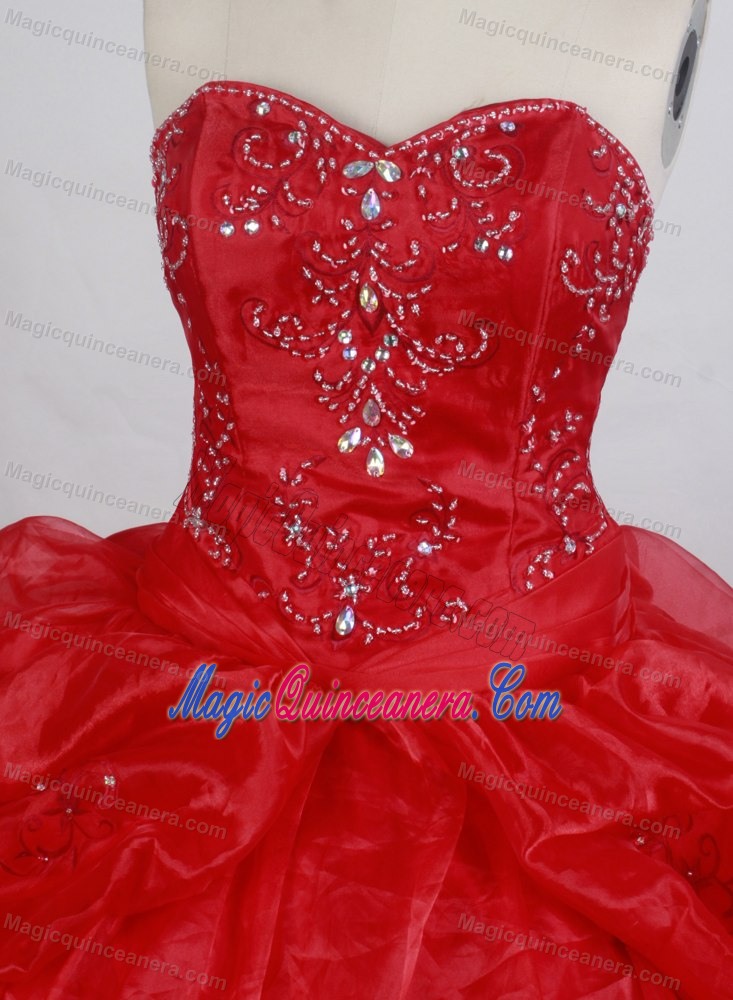 Red Sweep Train and Beading Sweet Sixteen Dresses with Slit Ruffles