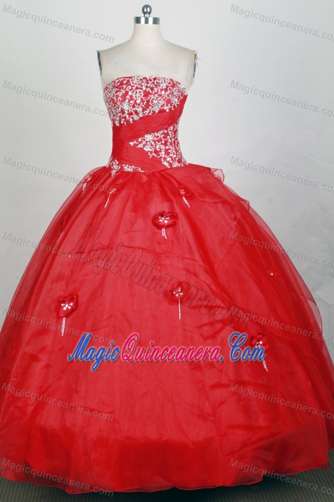 Red Sweet Sixteen Dresses with Handle Flowers and White Appliques