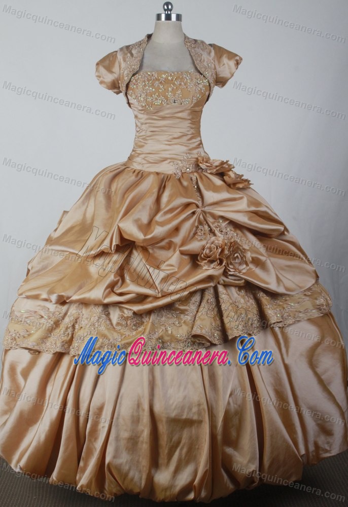 Ruching and Handle Flowers Quinceanera Gown Dresses in Gold