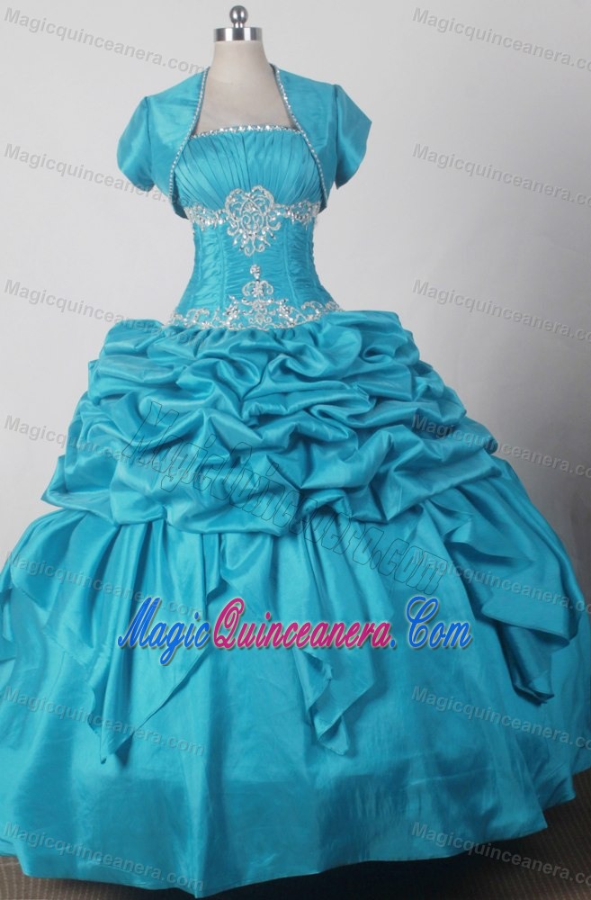 Turquoise Quniceanera Dress with Jacket and Beaded Appliques