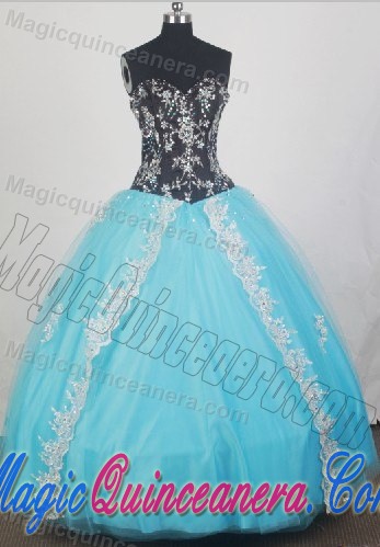 Black and Aqua Blue Beaded Dresses for Quince with White Appliques