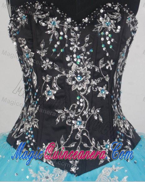 Black and Aqua Blue Beaded Dresses for Quince with White Appliques