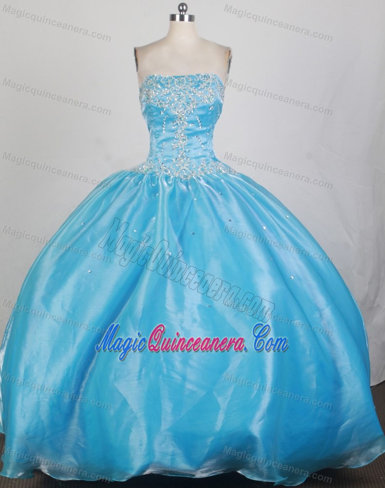Aqua Blue Beaded Sweet 15 Dresses with White Appliques in Mendoza