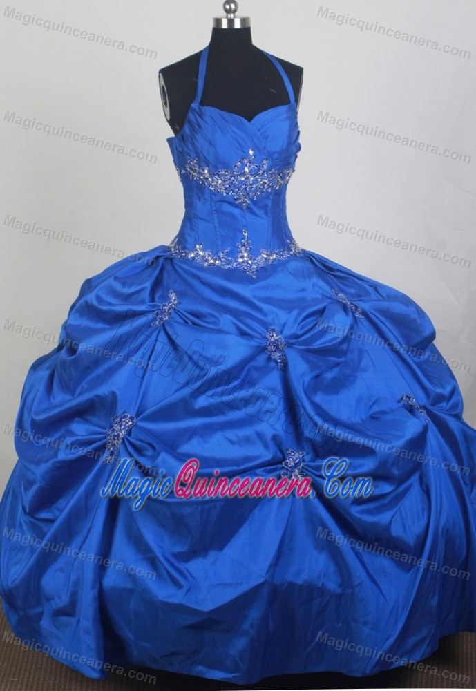 Royal Blue Beaded Appliques and Halter Quince Dress with Pick-ups