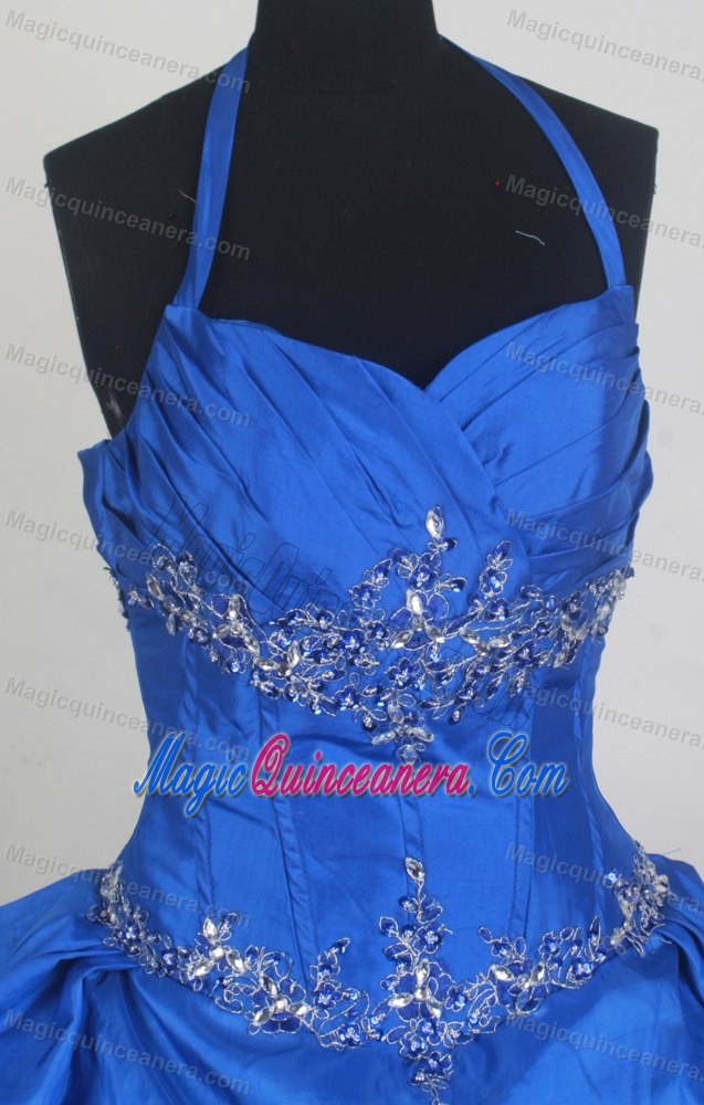 Royal Blue Beaded Appliques and Halter Quince Dress with Pick-ups