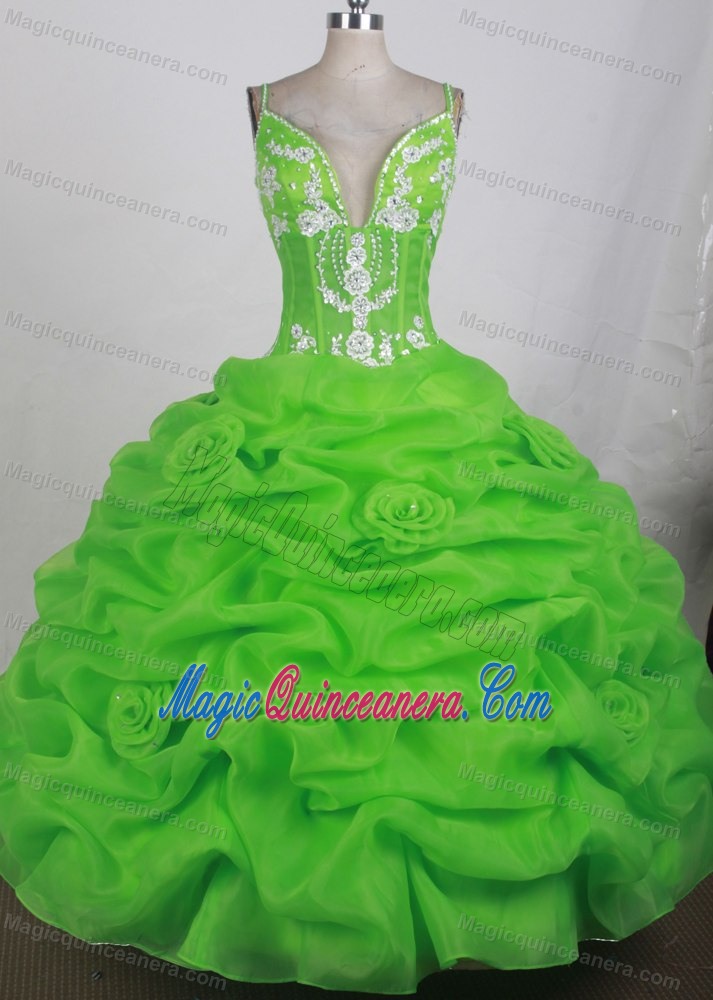 Lime Green Spaghetti Straps and Flowers Sweet 16 Dress in Rosario