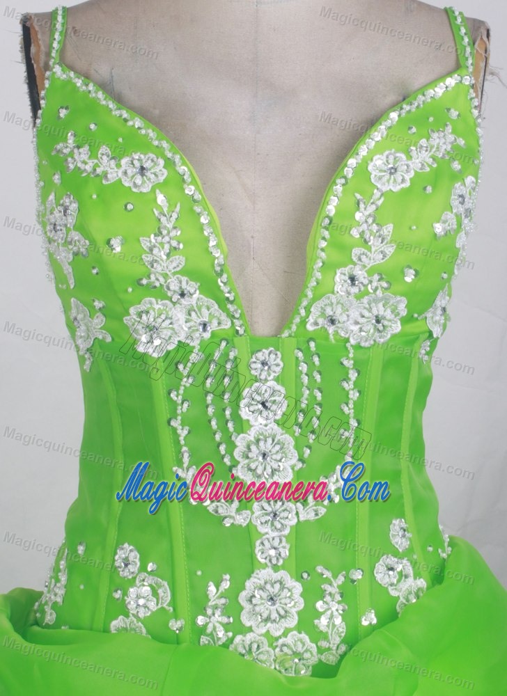 Lime Green Spaghetti Straps and Flowers Sweet 16 Dress in Rosario