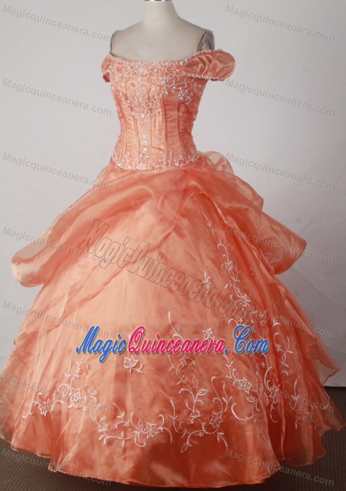 White Floral Appliques Orange Dresses 15 with Ruffled off Shoulder